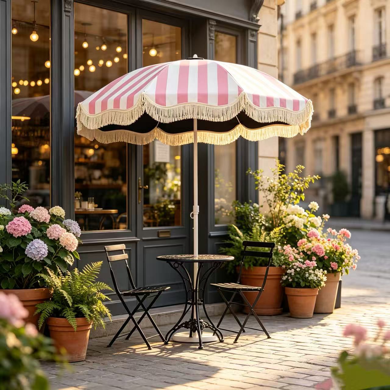 Outdoor Furniture Sunbrella - مظلة شاطئية مزخرفة بشراشيب، مظلة مخططة